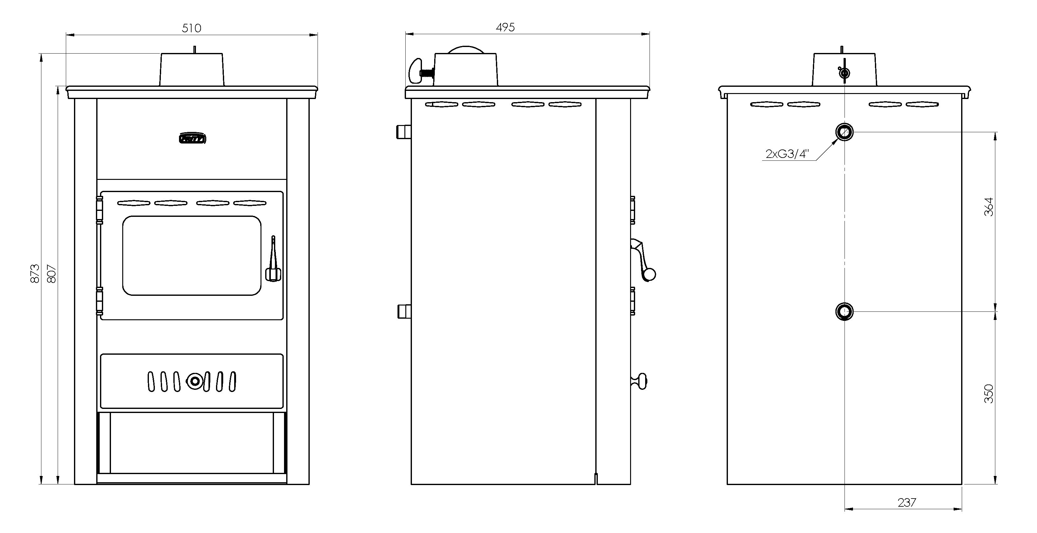 Wasserführender Kaminöfen Prity K2 CP W10 mit herdplatte aus Gusseisen, 6 kW + 7 kW